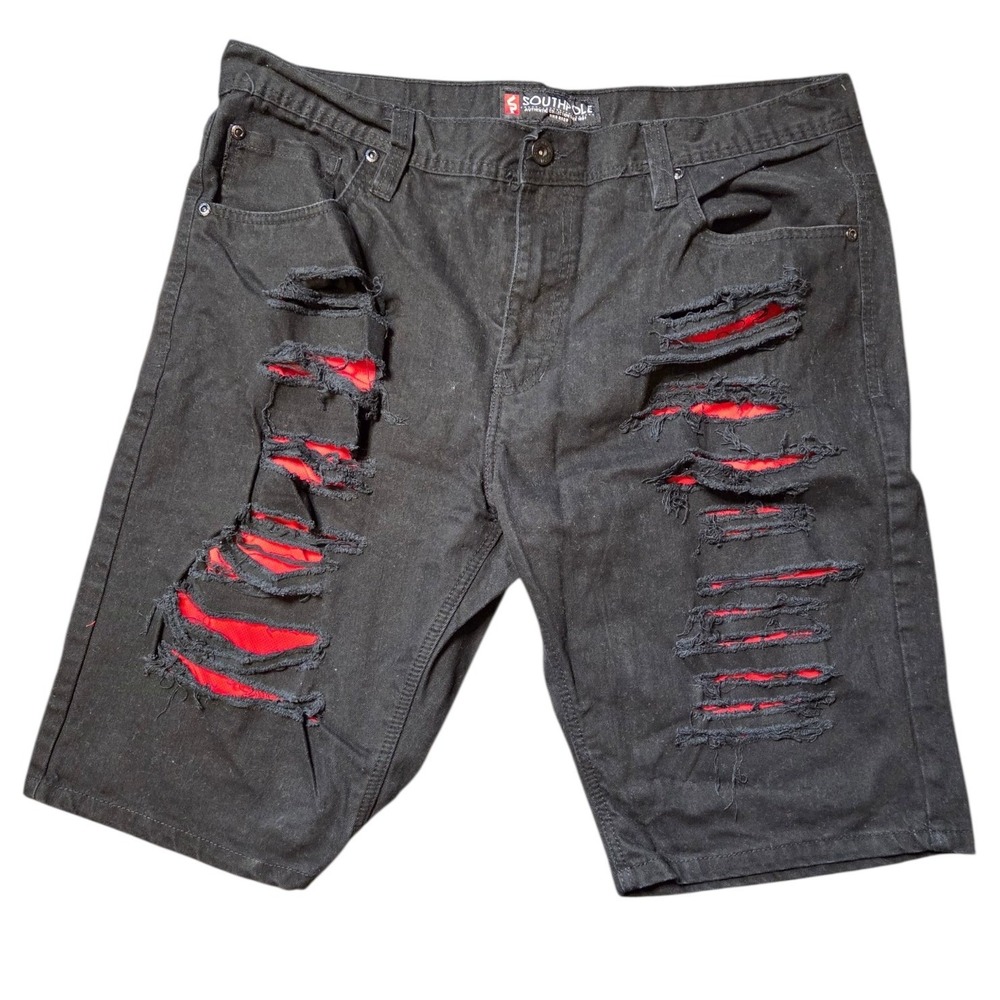 Southpole Mens Black Distressed Denim Shorts Red Underlay Y2K Streetwear Size 38